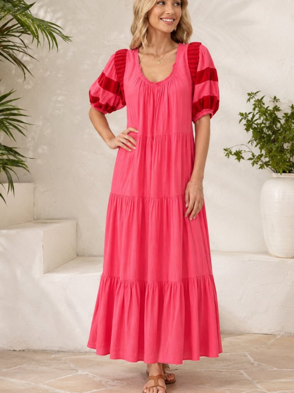 The Great. Red Tiered Puff Sleeve Maxi Dress Striped Red Resort Cotton M 279898